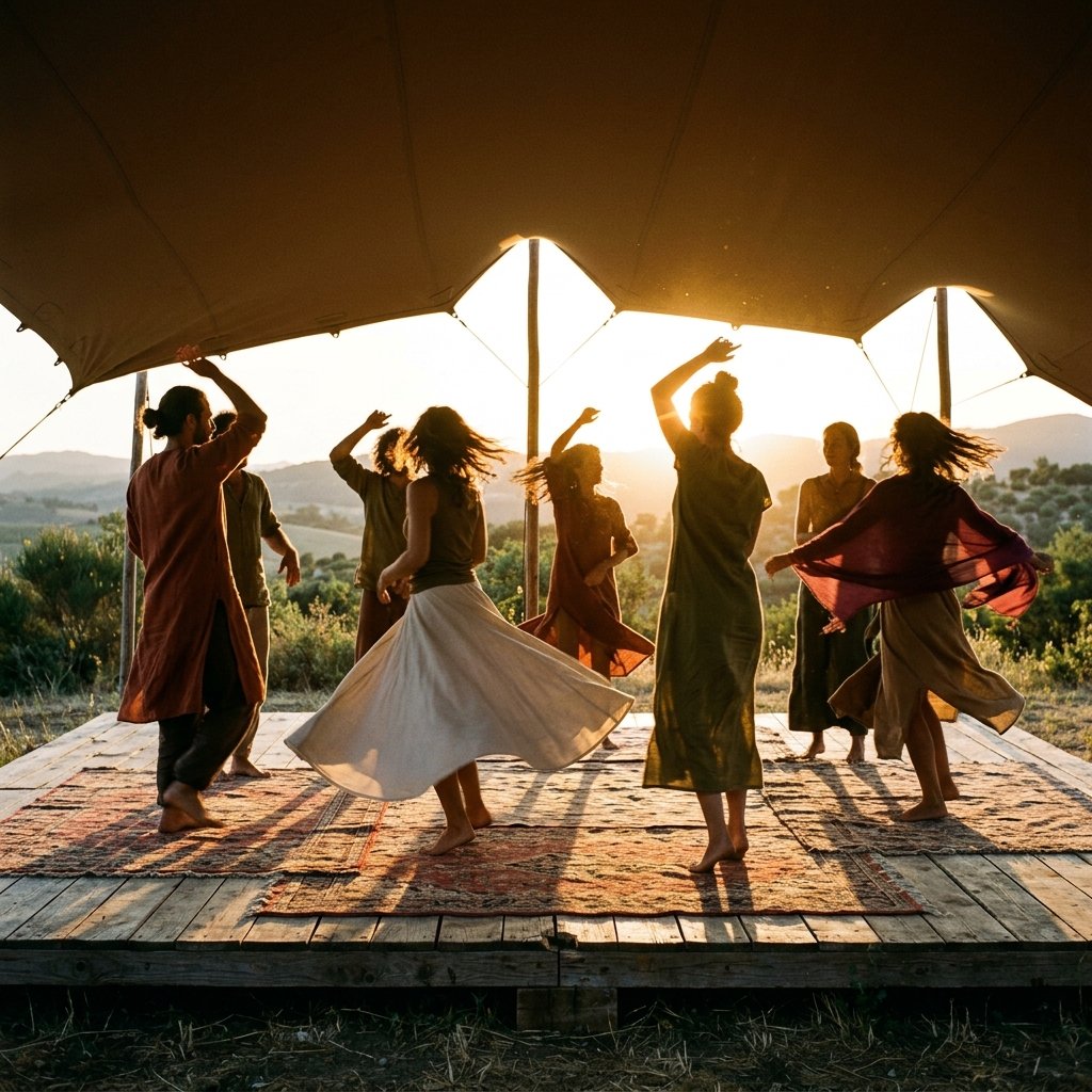 Trance dance al tramonto sotto la tenda beduina